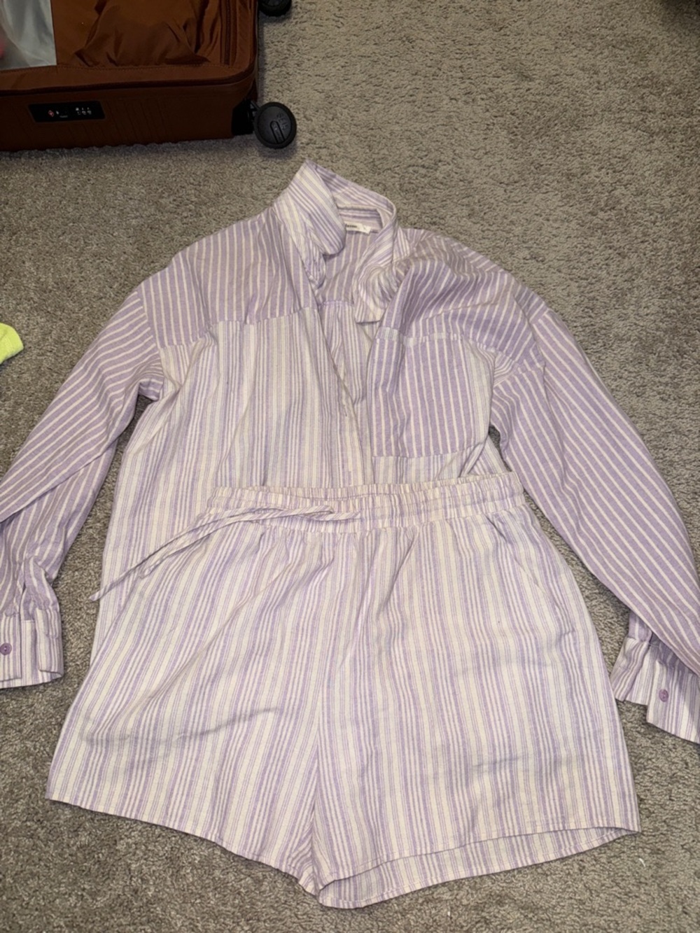 Light Purple Striped Women's Shirt & Shorts Set